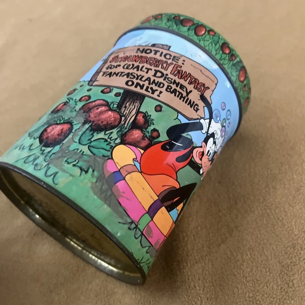 Walt Disney Mickey Mouse+Friends Strawberry Bath Powder‎ Metal Bank Vintage